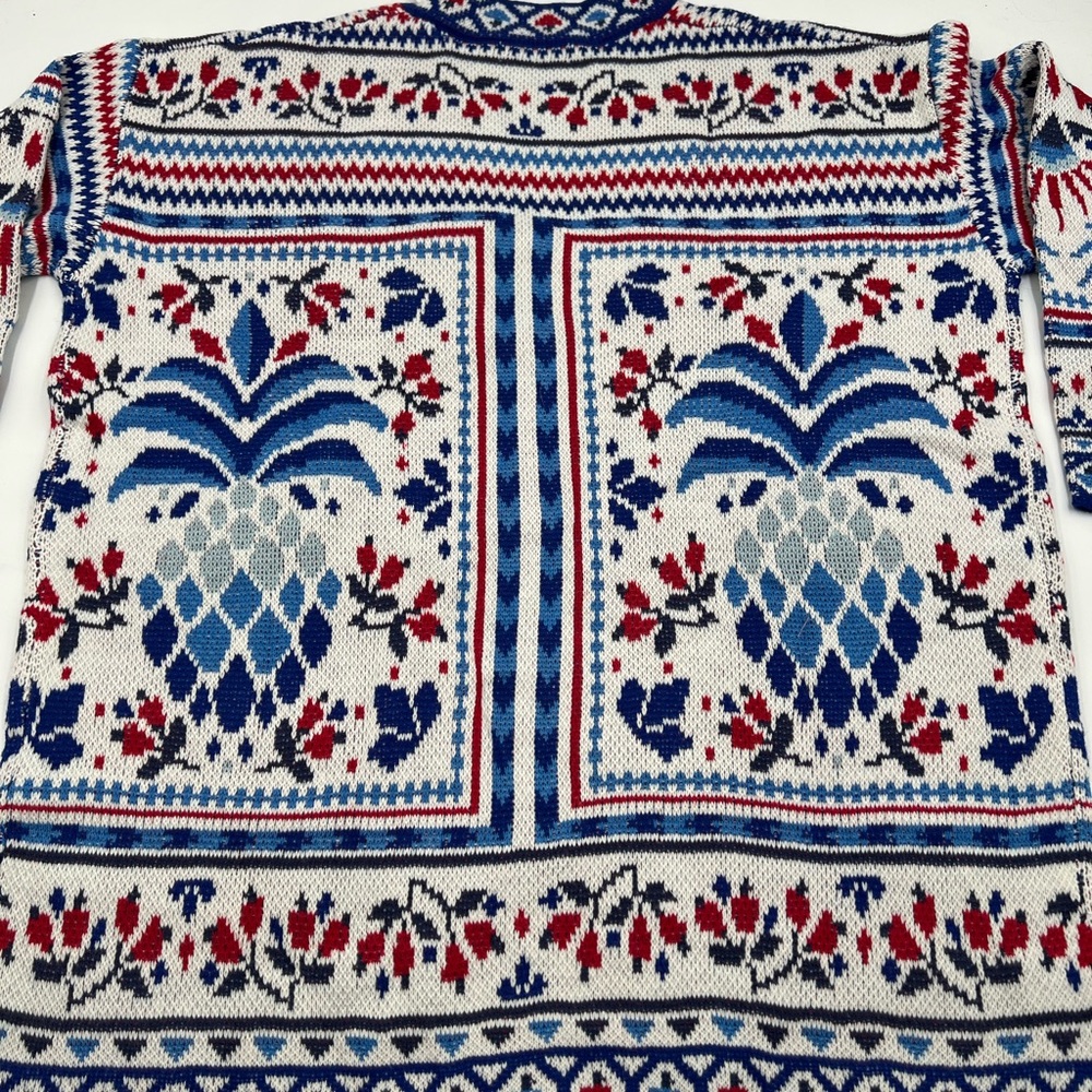 Natural Nga Blue Red Pineapple Intarsia Knit‎ Longline Cardigan Sweater M NWT - Picture 5 of 8